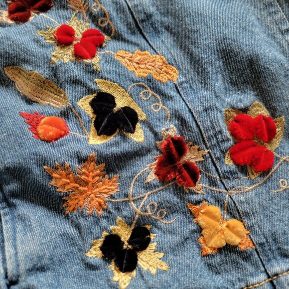Vintage Tantrums Women XXL Jean Jacket Embroidered Fall Leaves Whimsical Country - Picture 3 of 13